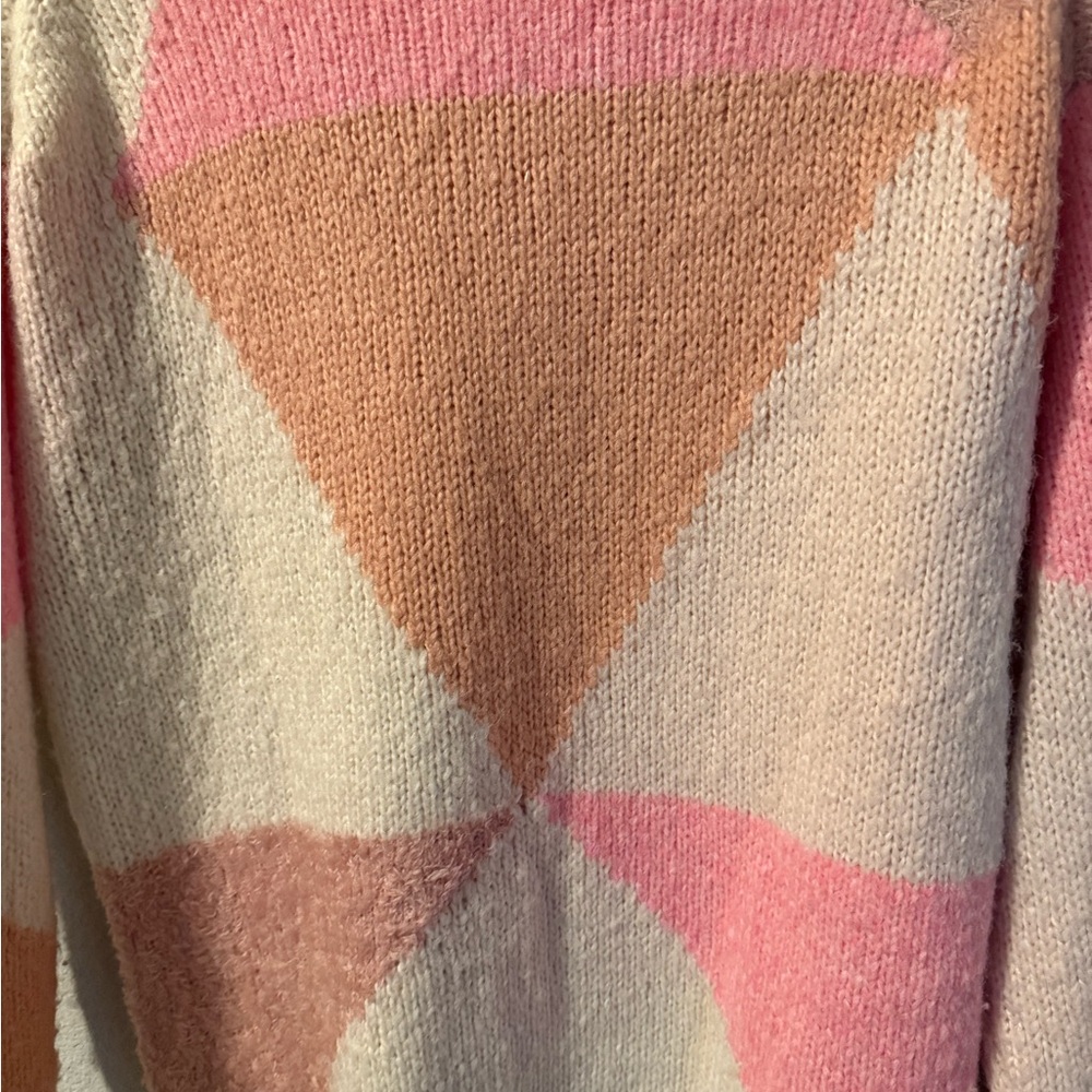 J. Crew Geometric Crew Neck Knit Sweater in Cream, Pink, and Tan Size Small - Picture 6 of 7
